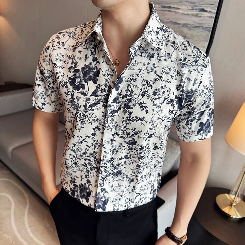 Men Printed Shirt 2024 Summer Light and Thin Retro Casual Elastic Slim Fit Short Sleeved Shirt High-quality Fashion Men Clothing