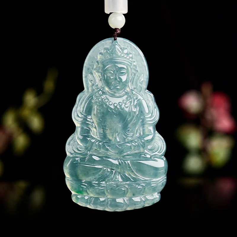 

Jia Le/ Natural Myanmar Jadeite Hand-made Blue Water Guanyin Necklace Pendant Men and Women Couple Holiday Gift Amulet