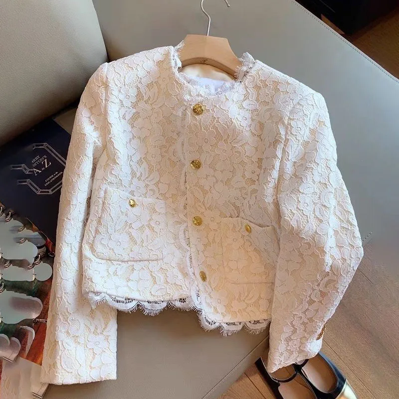 Women's Lace Stitching Short Overcoat Jacket Loose Long Sleeve Chic Autumn 2026 Fashion Elegant Office Lady Top