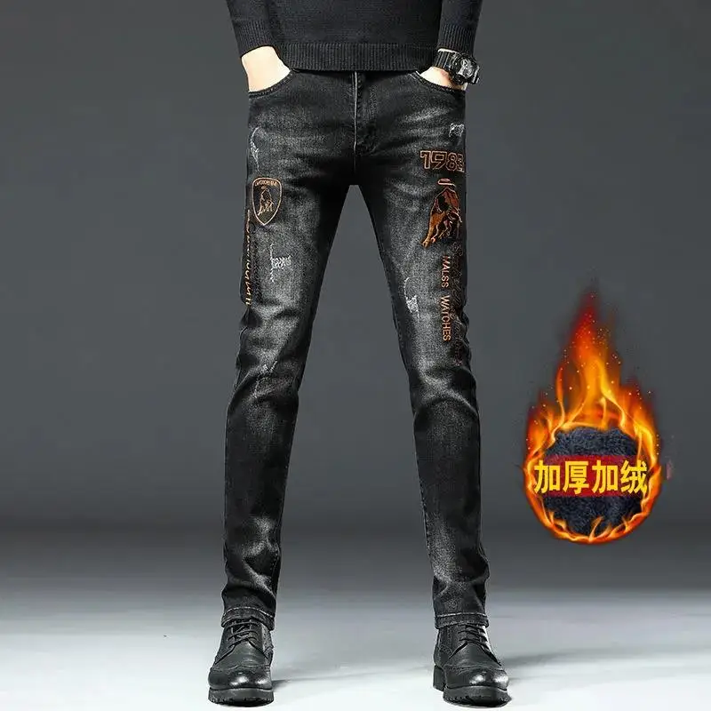 High-end trend brand European style embroidery men's fleece lined jeans Slim casual black ne