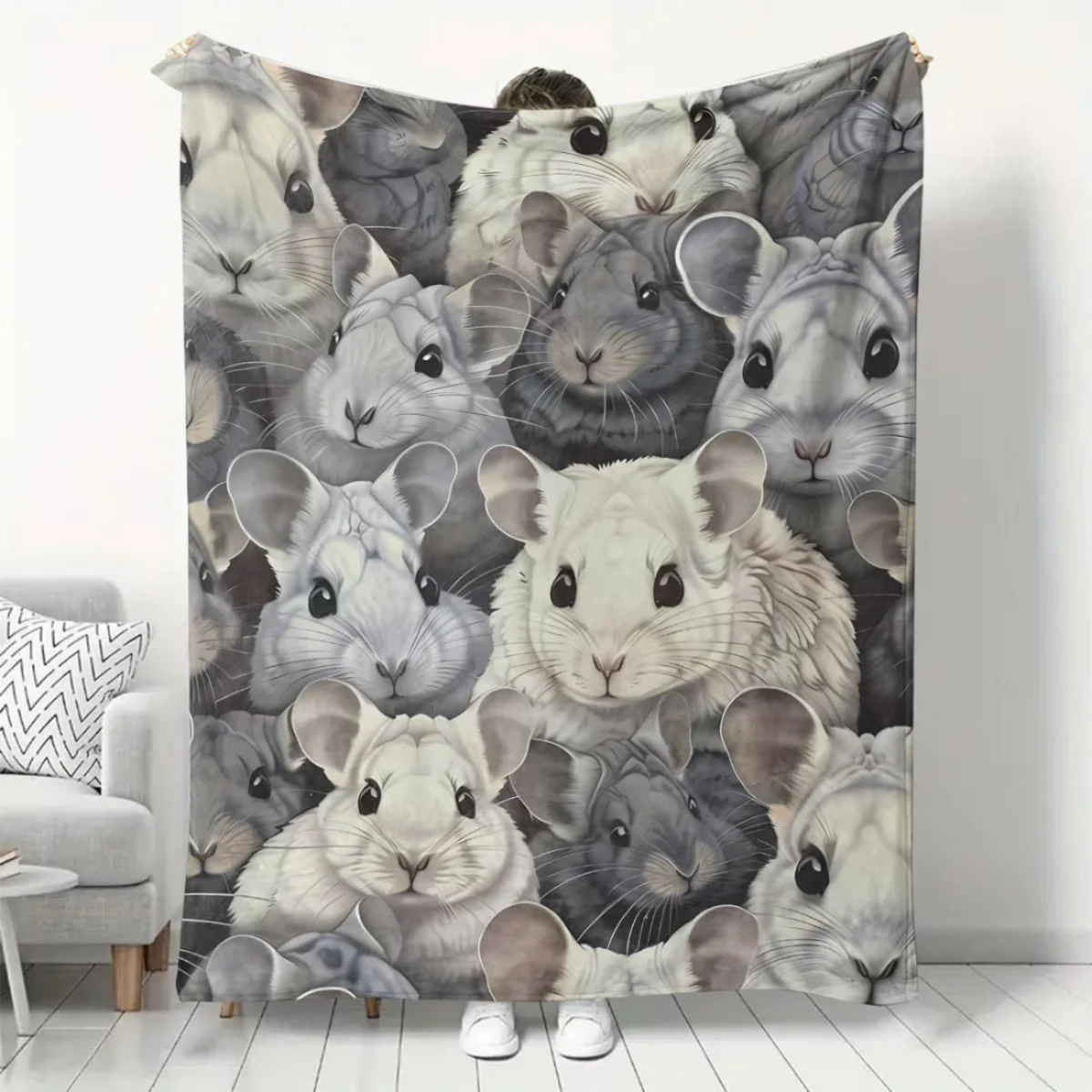 

Gray Hamster Pattern Flannel Blanket - Soft and warm, suitable for sofa, bed, camping, and as a holiday gift for boys and girls