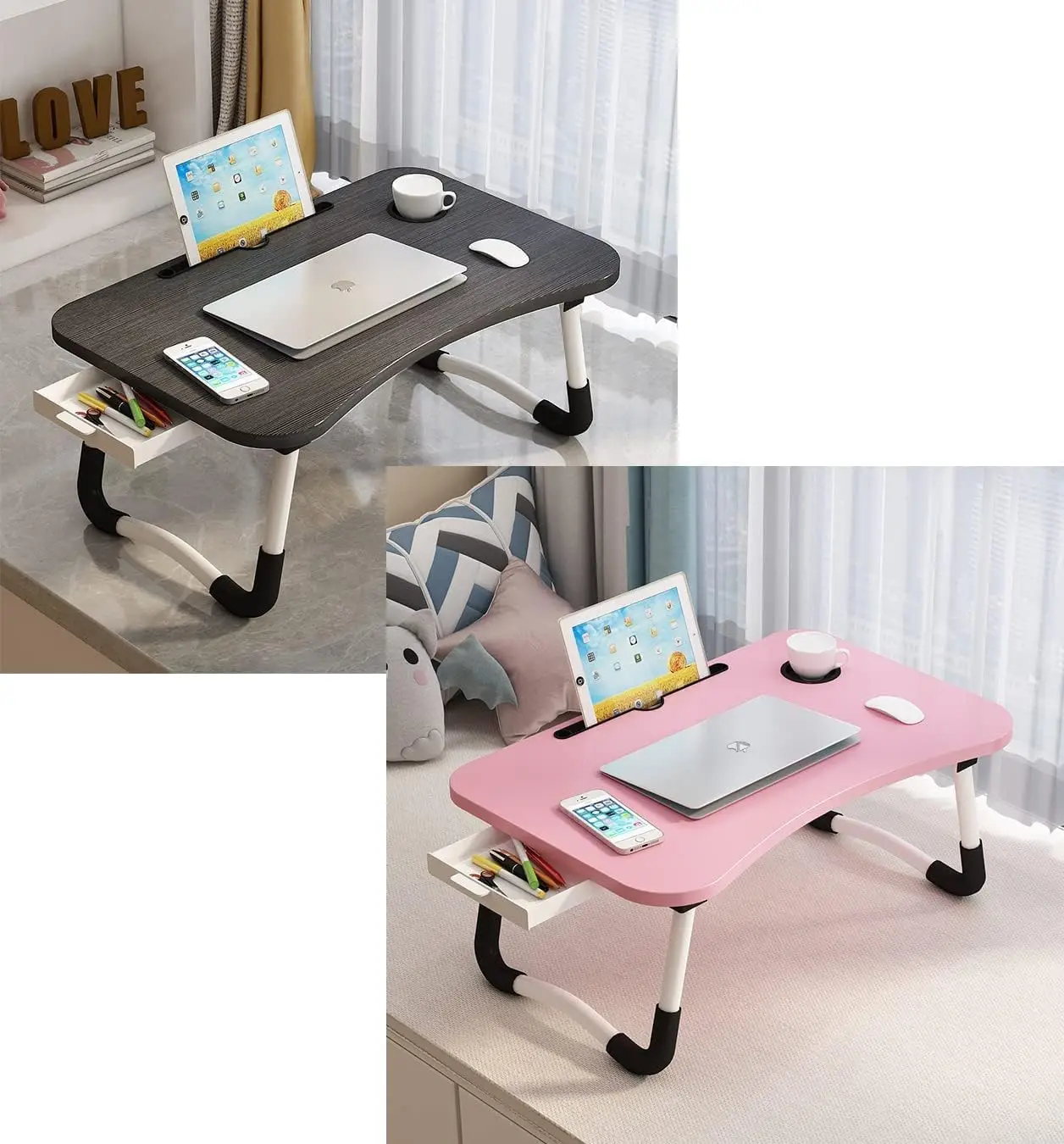 

2 Same Size Bed Desks With Holders And Drawer (Bla + Pink)