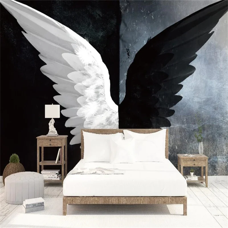 welyu Customized 3d Mural Nordic Creative Black and White Angel Wings Living Room Bedroom Background Wall Living Room Decoration