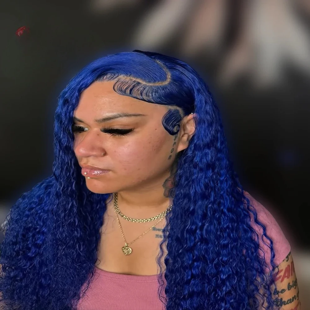 

Deep Wave Dark Blue 13X6 HD Lace Frontal Human Hair Wigs Brazilian PrePlucked Curly Human Hair Wig 13X4 Lace Front Wig for Women