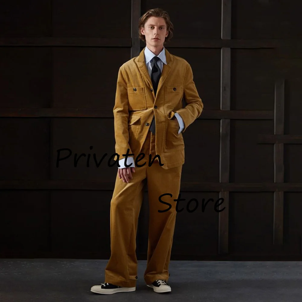 Mens 2 Piece Outfit Set Men's Corduroy Two-piece Suit Casual Fashion Suits for Men Men's Formal Kit Costumes Elegant Man Suit