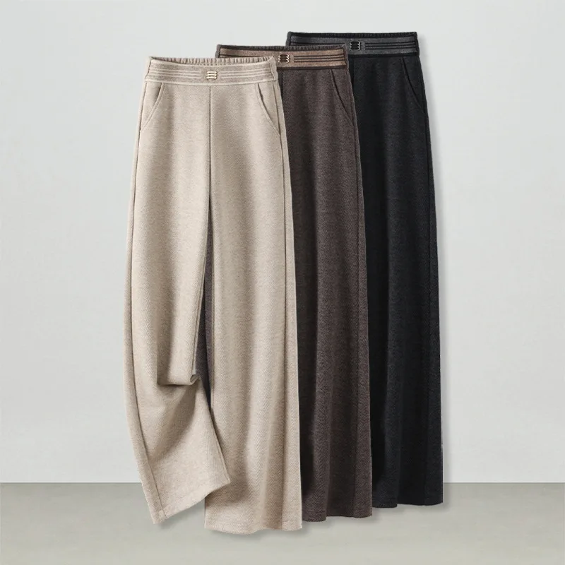 سراويل صوفية ضيقة مستقيمة للنساء والشتاء، أنيقة، تغطي الورك، فضفاضة، تنحيف، صغير الحجم، كاجوال