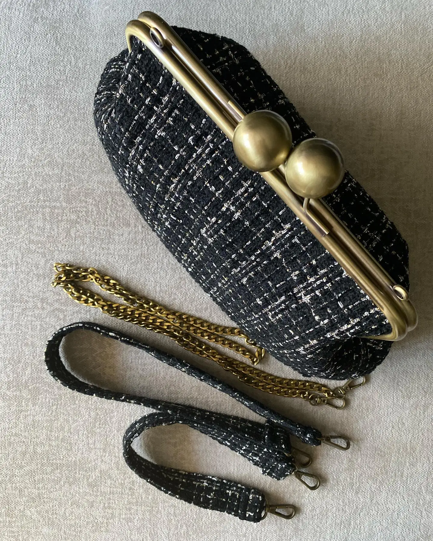 Lost In Vintage Black Tweed Fabric Purse Multiple Ways Handbag or Shoulder Bag Metal Frame Kiss Lock Evening Clutch 33x25x10cm view 4