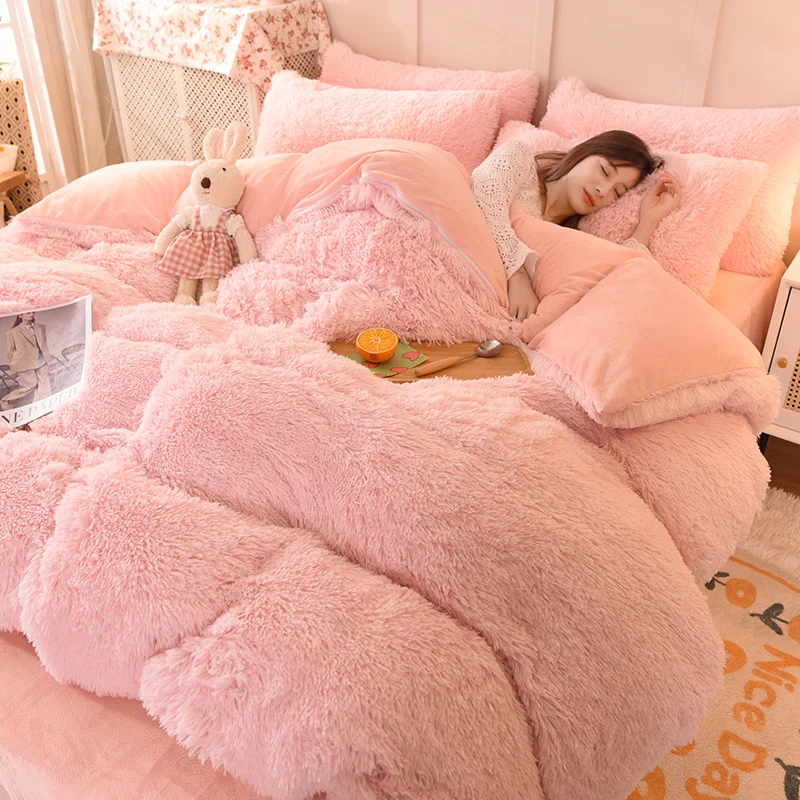

Thickened mink 4 pieces princess Bedding set winter Warm fluffy duvet cover sheet pillowcases Quilt cover sets girls queen king