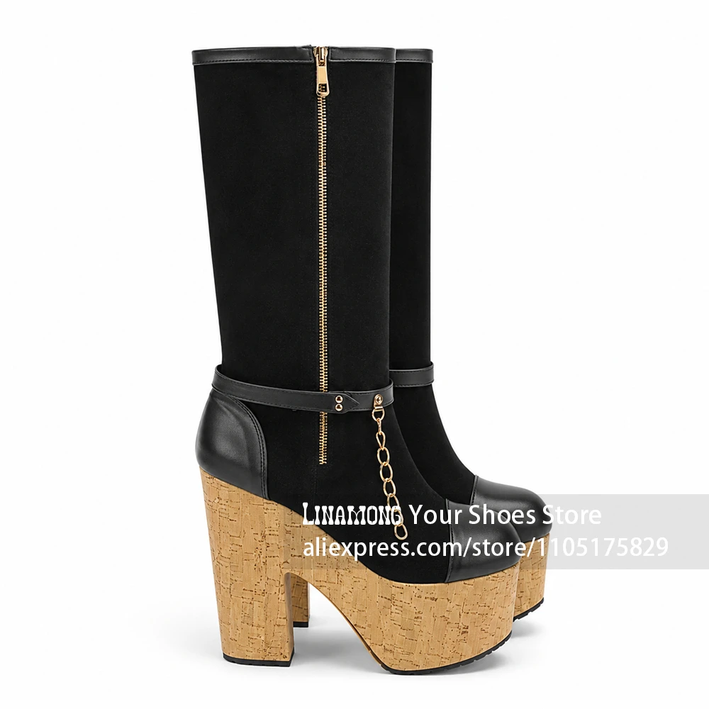 Chunky Cork Platform Block Heel Knee High Boots Side Zipper Chain Buckle Strap Boots Vintage Style Round Toe Women's Knee Boots