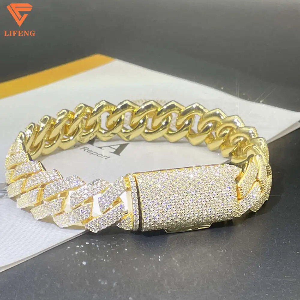 Luxury High Quality Bracelets 14mm 3 Row Diamond Iced Out 925 Sterling Silver Hip Hop Moissanite Cuban Link Chain Bracelet