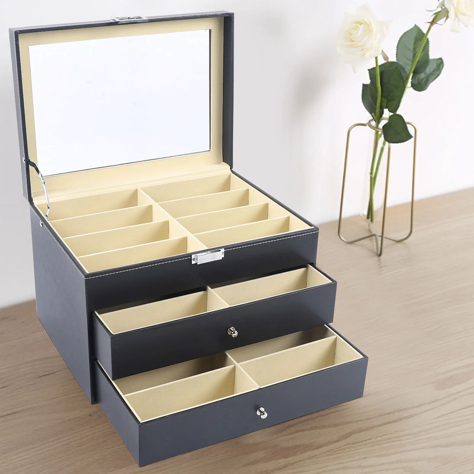 Three Level Glasses Display Case 24 Piece Large Eyeglass Sunglasses Drawer Storage Box with Key