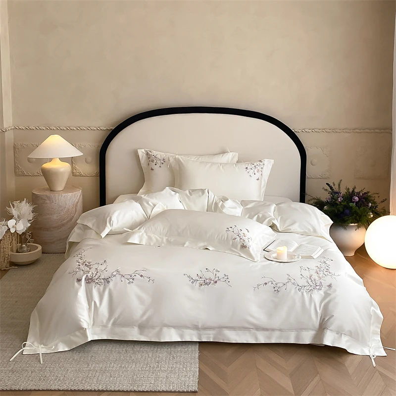 1000TC Egyptian Cotton Elegant Floral Butterfly Embroidered Luxury Bedding Set Duvet Cover Flat/Fitted Bed Sheet Pillowcase 4Pcs