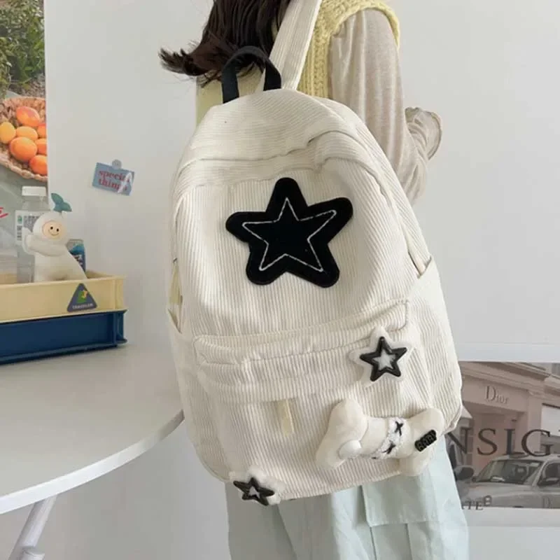 Y2K Girls Star Pattern Laptop Backpack Teen Student Large Capacity School Bookbag Corduroy Rucksack Double Strap Shoulder Bag