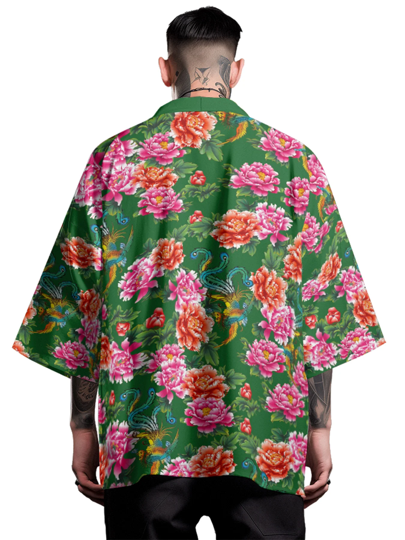 

Summer Kimono Men Floral Kimono Hawaiian Shirt Beach Cardigan Japanese Clothes Fashion Green Bathrobes Women Yukata Haori