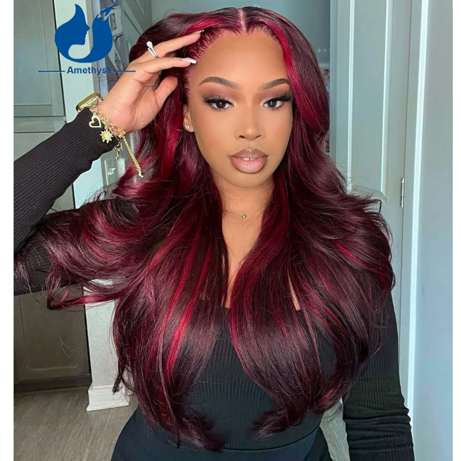 Amethyst Long Wave Red Highlight 13x6 Lace Front Wig for Women Remy Brazilian Human Hair Pre-Plucked Burgundy Color Layered