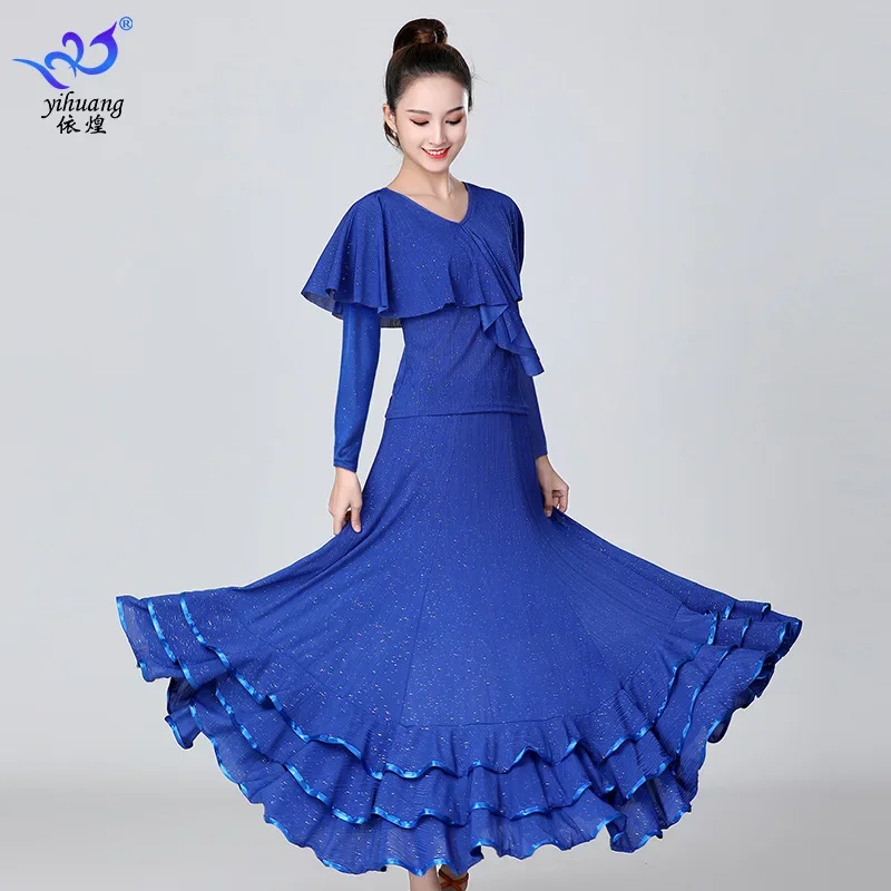 lady fashion solid long sleeve top and long skirt waltz dancing costumes woman ballroom dancing costumes