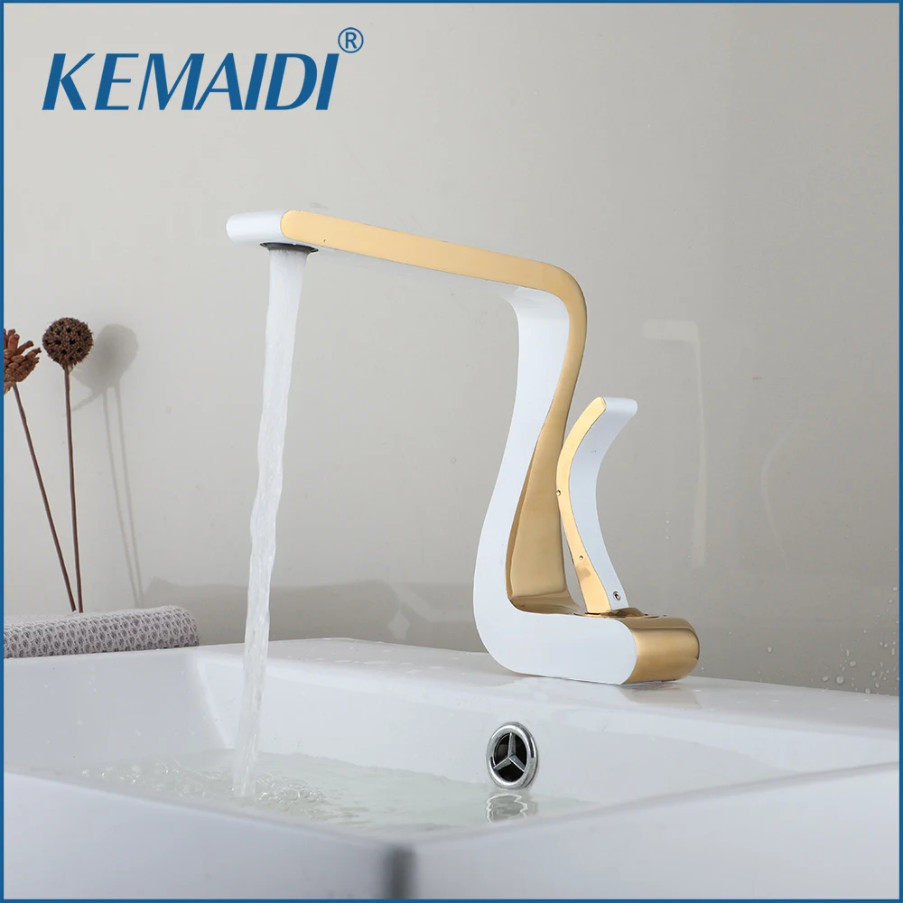 

KEMAIDI White Gold Brass Bathroom Sink Faucet Single Handle Bathroom Faucets Hot Cold Mixer Tap Deck Mounted Z Shape Style