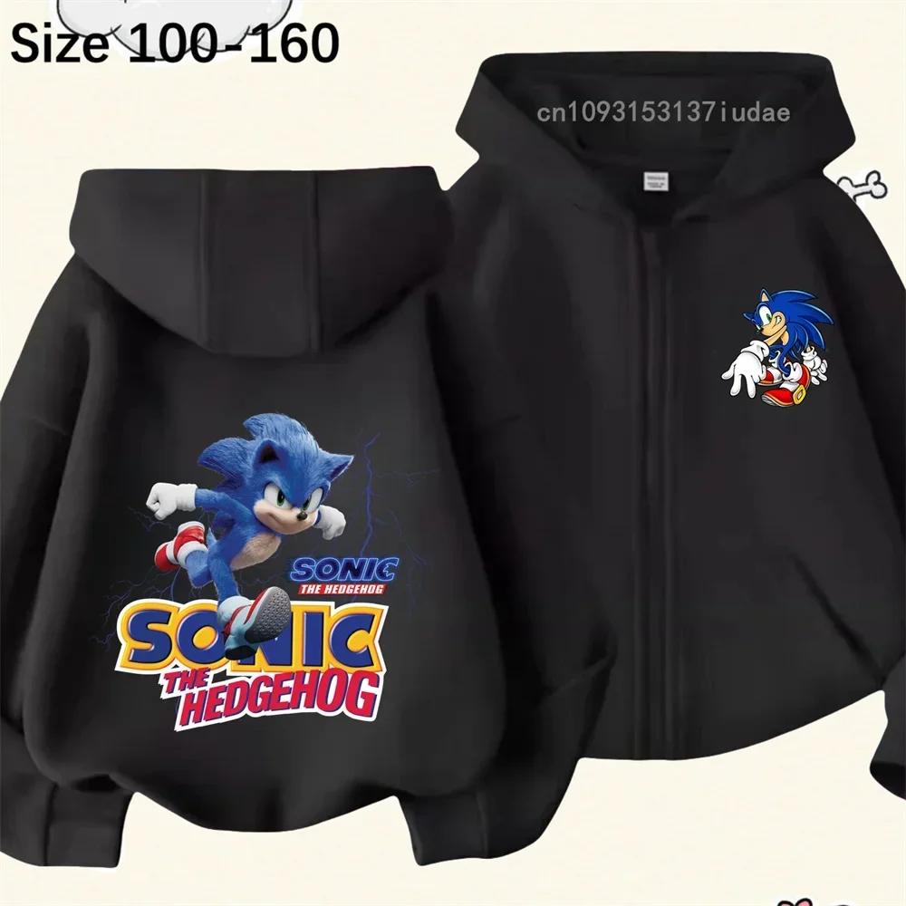 Cartoon Character Sonic Zipper Hoodie Cartoon Print Autumn/Winter Long-sleeved Casual Sweatshirt Boy/girl Kawaii Warm Coat