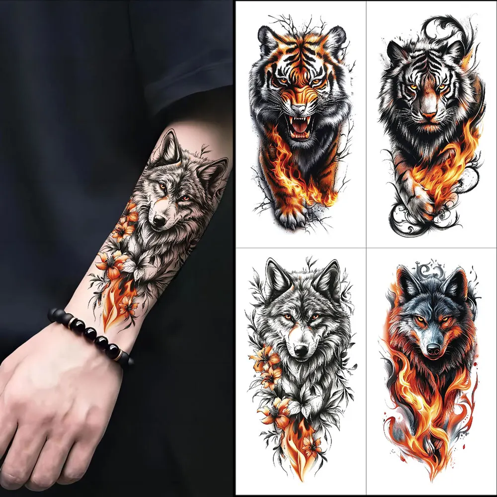 

Водостойкие временные татуировки с животными для мужчин и женщин, тигр, волк, лев, поддельные татуировки для рук, рук, боди-арта
