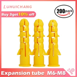 LUHUICHANG 200pcs M6 M8 M10 Yellow Ribbed Plastic Anchor Wall Plastic Expansion Pipe Tube Wall Plugs Drywall