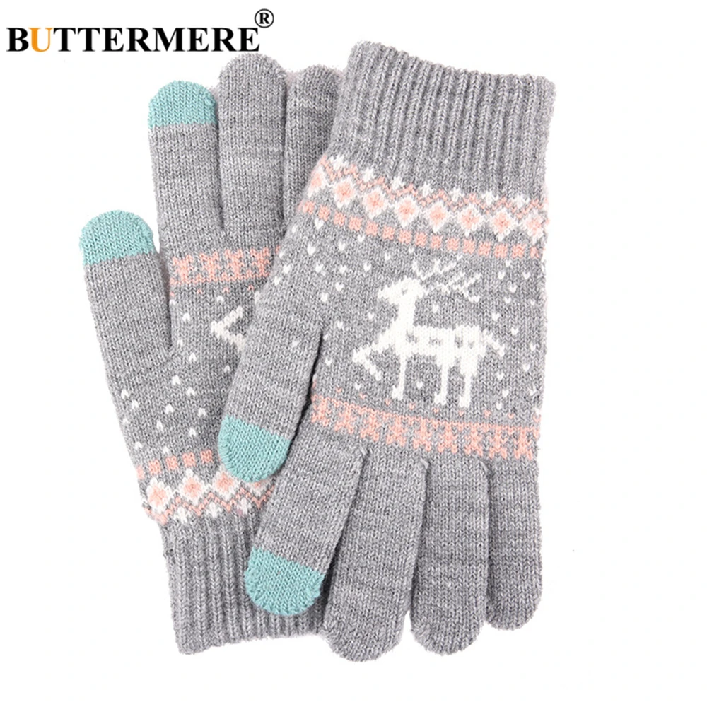 BUTTERMERE Knitting White Gloves Women Men Touch Screen Deer Pattern Christmas Warm Male Female Glove Fashion Guantes