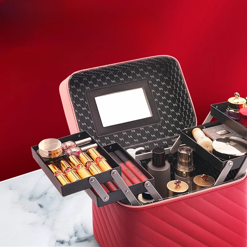 Large Capacity Travel Makeup Bin Portable PU Leather Cosmetic Storage Box for Women Multi-layer Cosmetics Toiletry Storage Case