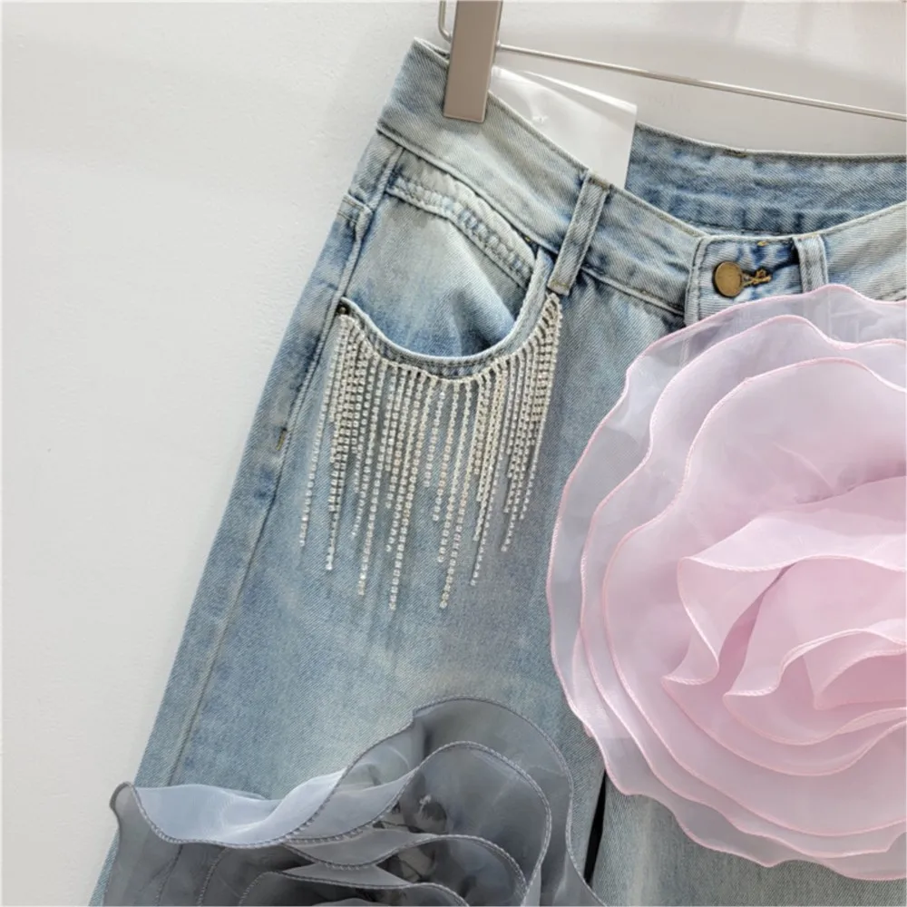 Jeans a vita alta per donna pantaloni a gamba larga a gamba dritta pantaloni donna moda fiore tridimensionale multicolore