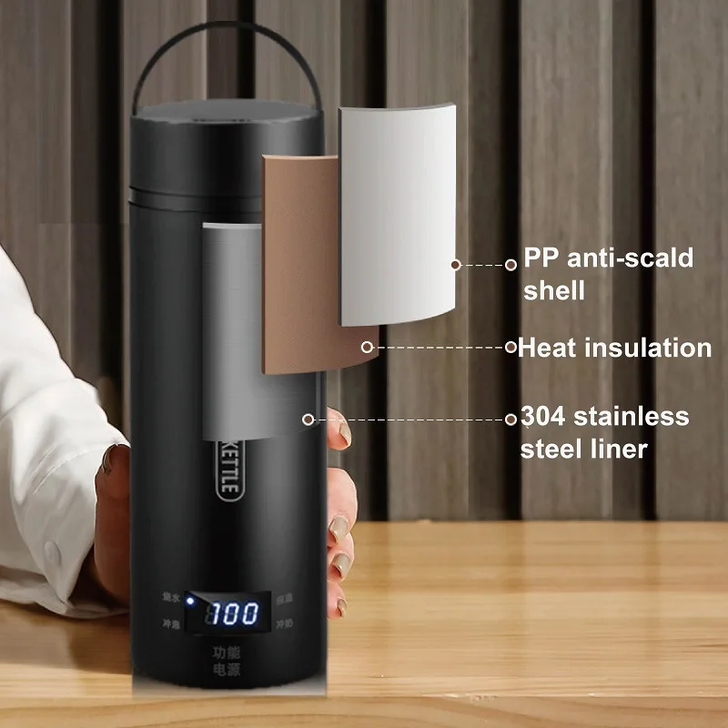 450ml Electric Kettle Portable Boil Water Cup 304 Stainless Steel Teapot Temperature Control Heating Cup Insulation Cup 220V