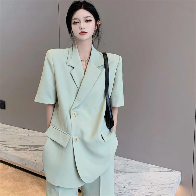 Elegant Women\'s Pants Suit Female Office Tracksuit Blazer Summer Thin Casual Loose Short Sleeve Jacket Shorts Two Piece Set