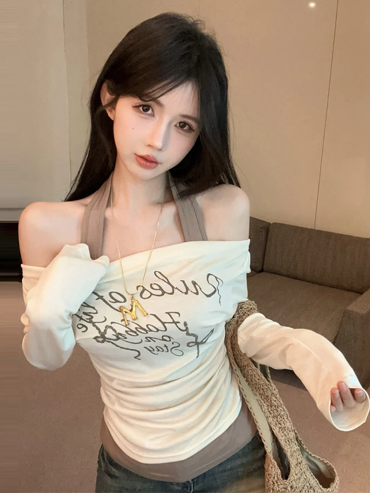 

Korean version pure desire hanging neck two-piece spicy girl off shoulder letter print slim fit long sleeved sunscreen top
