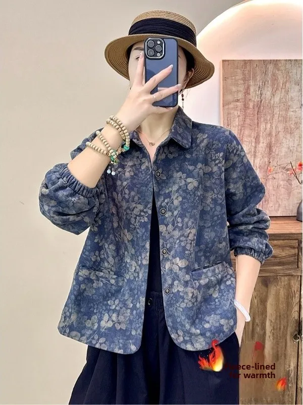 Retro Sle Fce gevoerde lange Sve irt Jaet dames losse pasvorm bedrukte Brued bovenkleding herfst winter nieuwe collectie