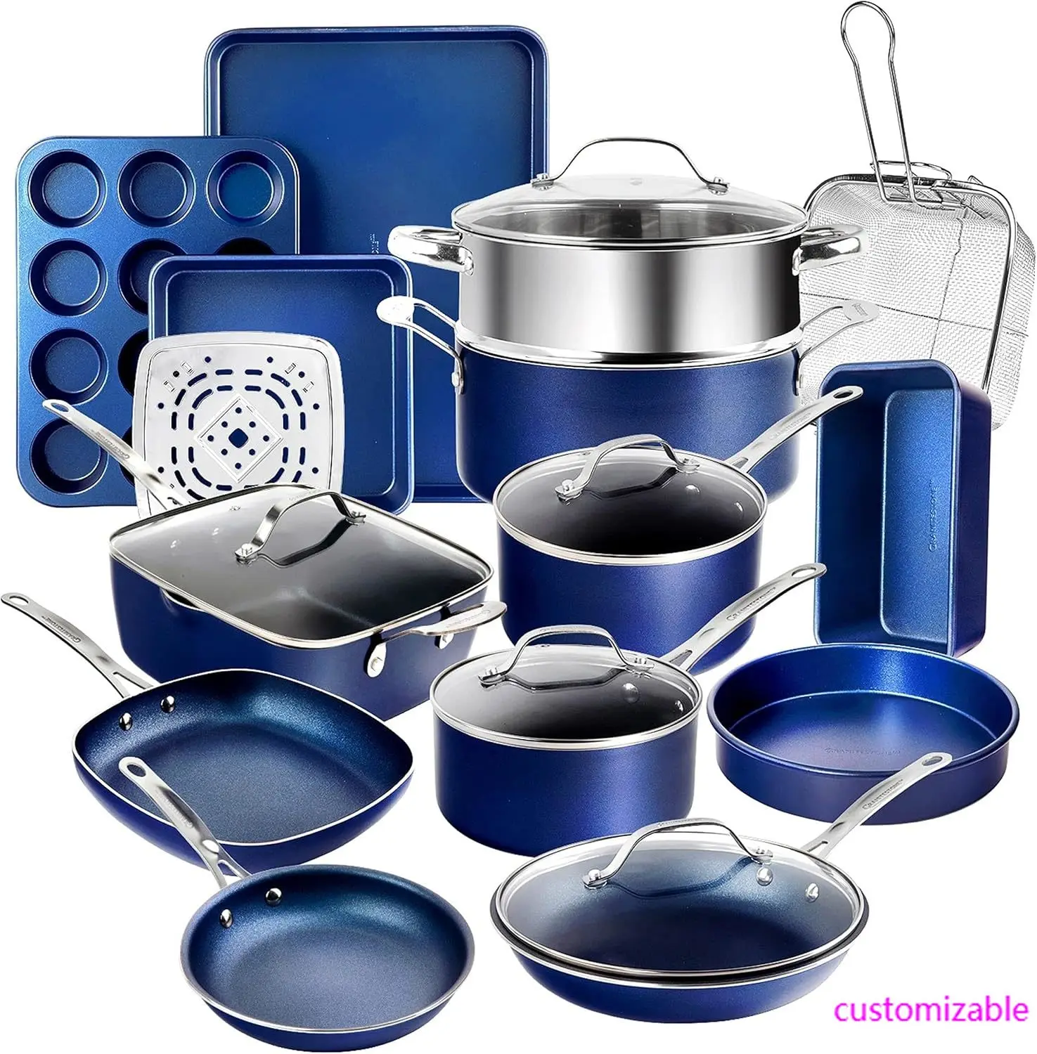 

True 20 Pc Pots and Pans Set Non Stick Cookware Set with Deep Square Pan and Bakeware Set, Non Toxic PFOA PFOS Free, Oven Safe