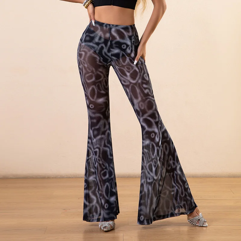 Women's Sheer Mesh Flare Pants Irregular Abstract Print See Through High Waist Bell Bottoms Summer Streetwear