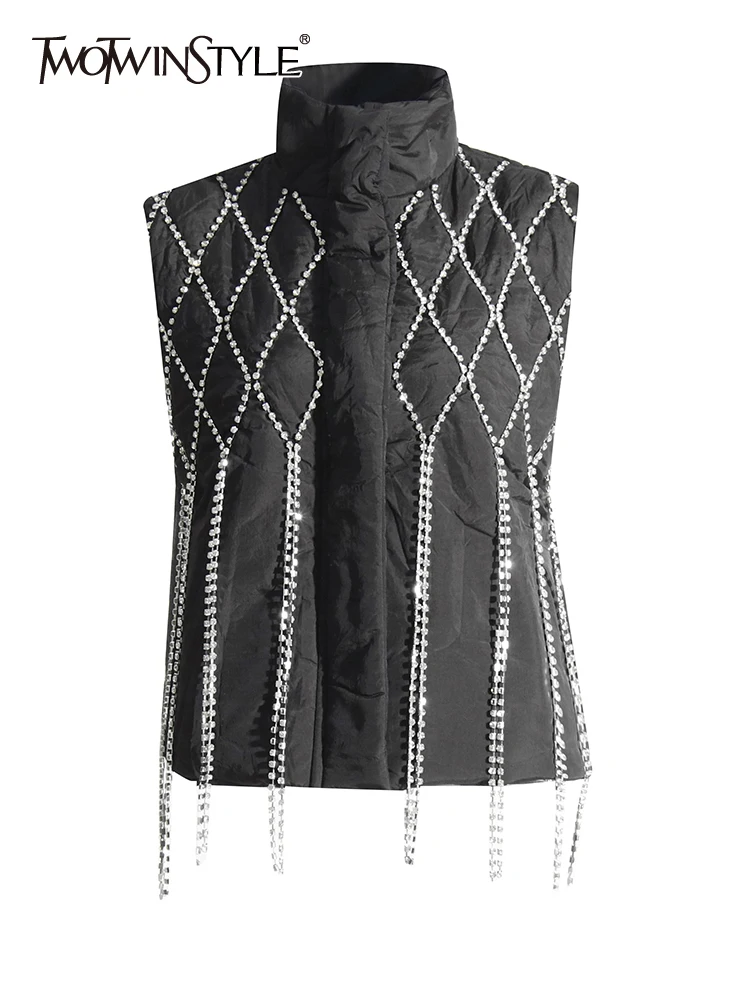 TWOTWINSTYLE Solid Patchwork Diamonds Tassel Temperament Waistcoats For Women Turtleneck Sleeveless Casual Waistcoat Female New