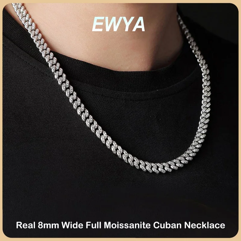 EWYA 100% Real Full Moissanite Cuban Neck Chain Necklace for Men Women 8mm S925 Sterling Silver Hip Hop Diamond Tennis Necklaces