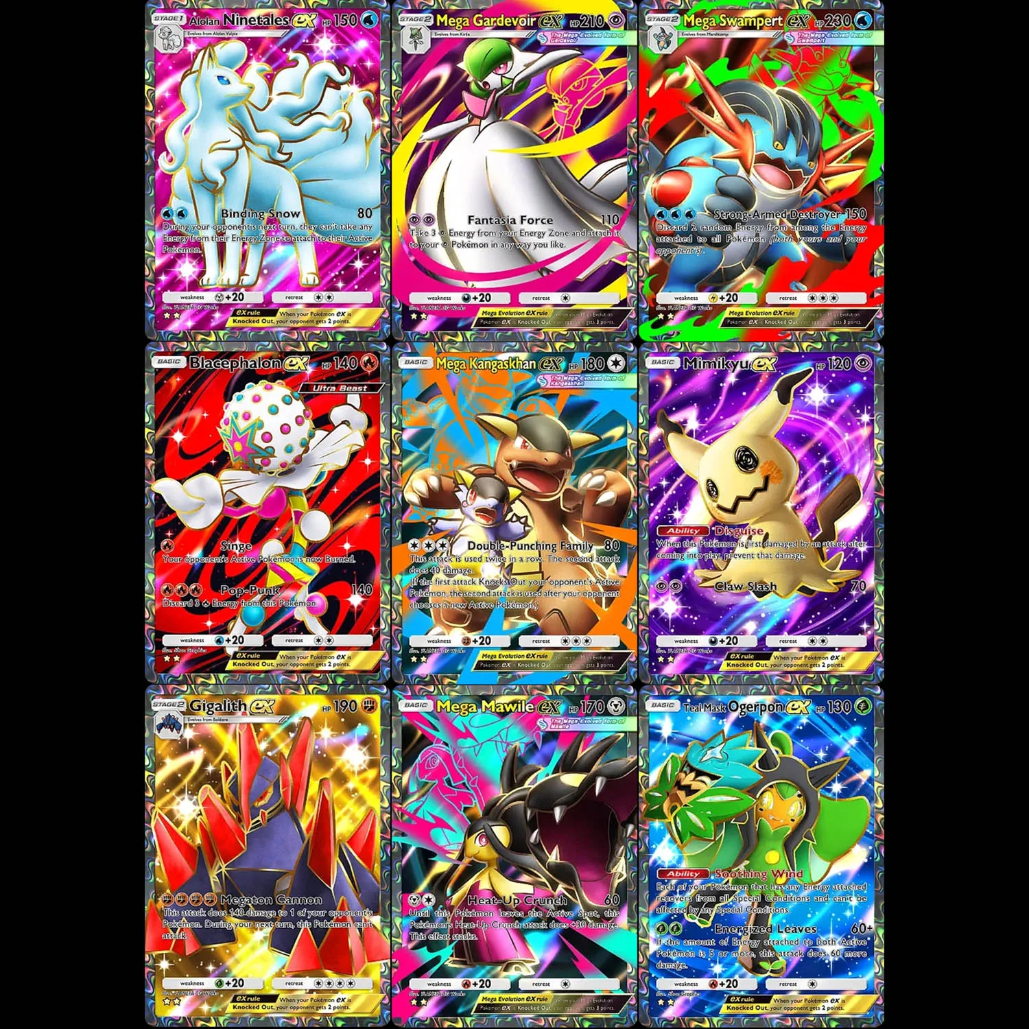 Tarjeta de Juego Coleccionable Pokémon Hecha a Mano: Desfile Fantástico B2 Súper Raro con Mimikyu, Gardevoir, Ninetales, Mawile, Gigalith y Ogerpon