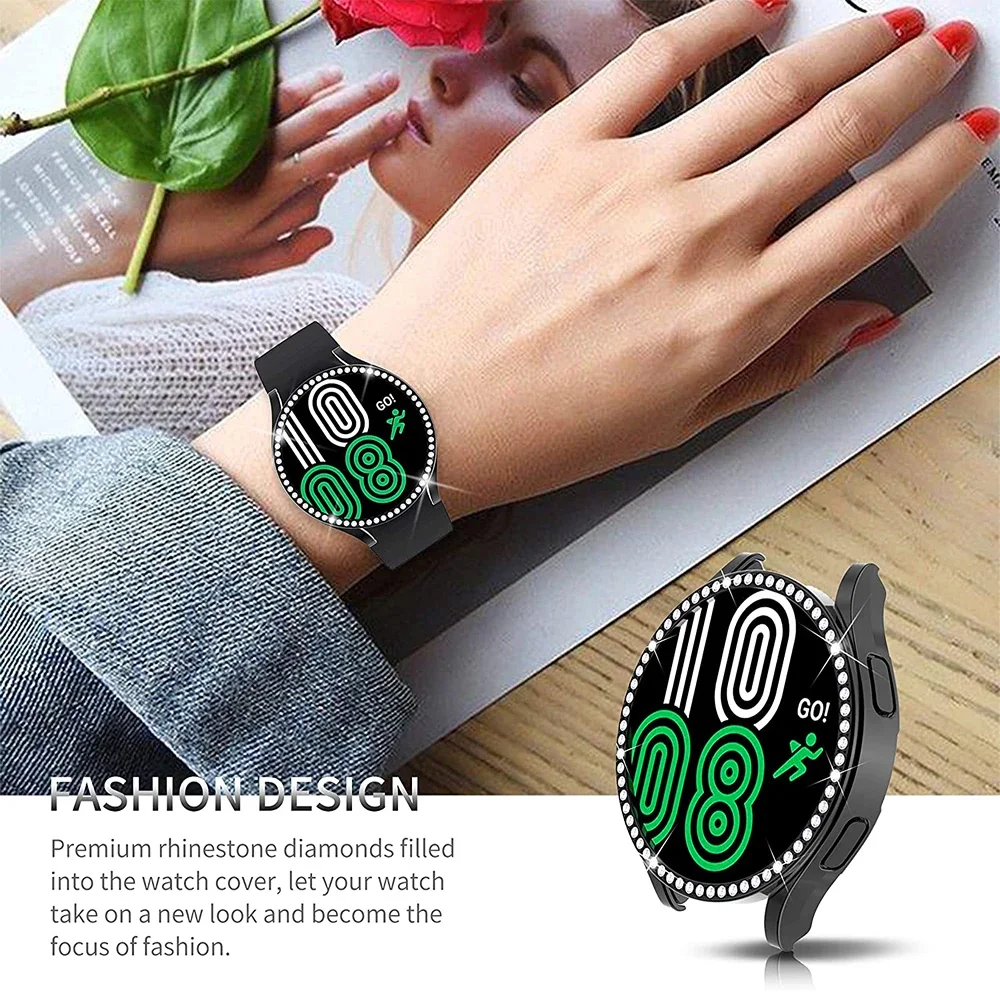 Etui ochronne na ekran Samsung Galaxy Watch 4 5 6 40mm 44mm pokrywa + szkło 2 w 1 błyszcząca diamentowa powłoka zapobiegająca zarysowaniom