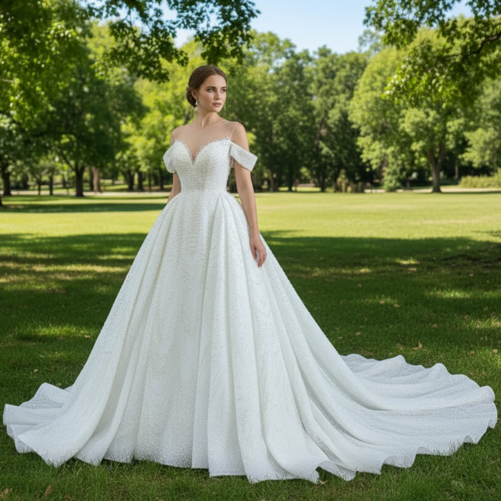 Rosymae Luxury High Neck Wedding Dress with Removable Sleeves Beaded Pearl Sheer A-Line Gown for Brides vestido novias