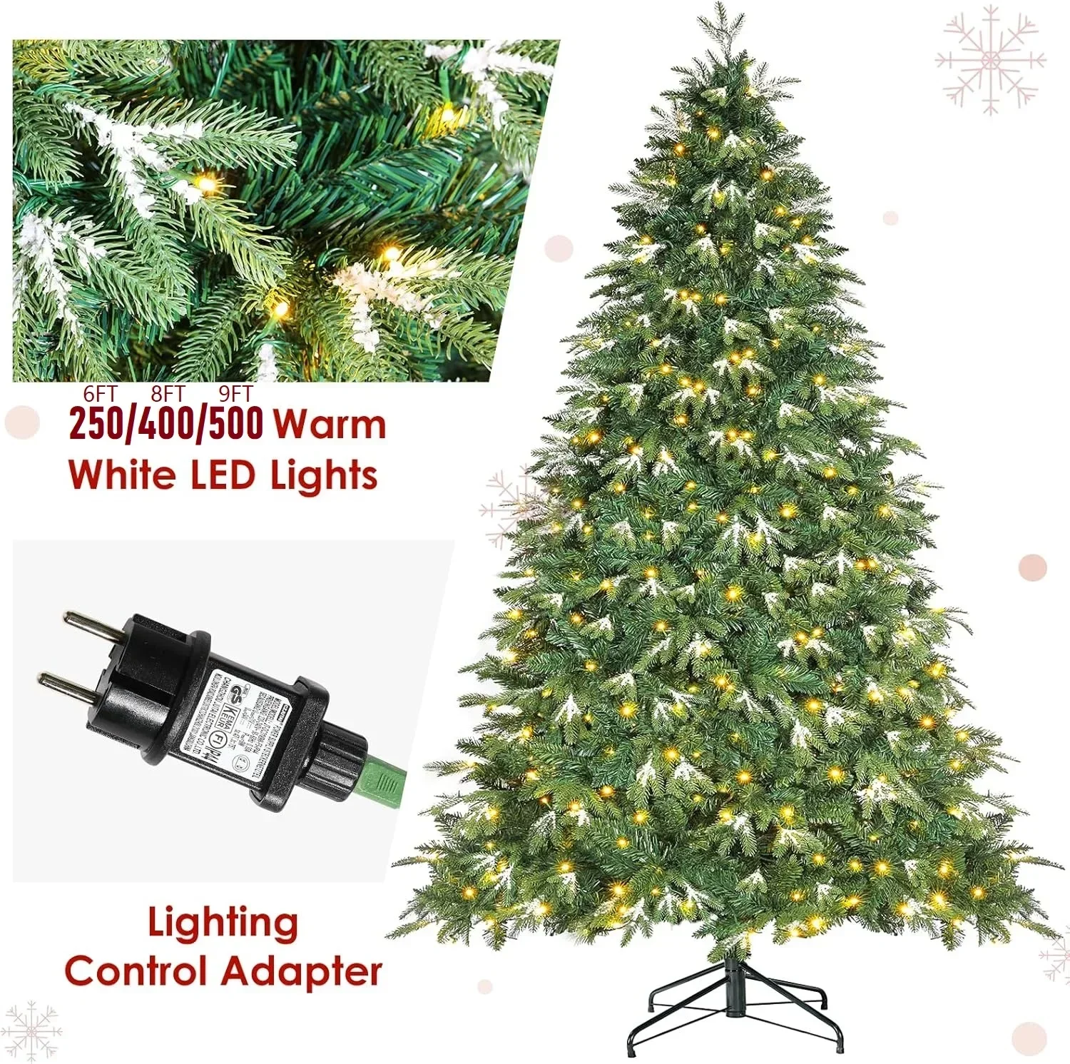 Ice Crystal Snow Spruce Artificial Holiday Xmas Tree w/ Branch Tips, Prelit Christmas Tree, Warm Lights, Auto-Expanded Hinges