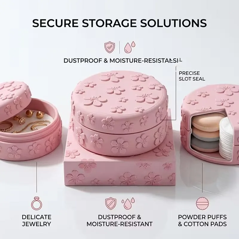 3D Printed Embossed Cherry Blossom Cosmetic Storage Box With Lid Dustproof Makeup Container Girly Desktop Holder For Beauty Blen