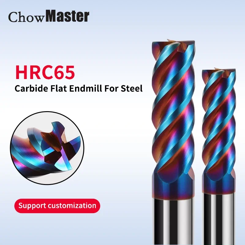 Chowmaster HRC65 Carbide Endmill 1/2/3/4/5/6/7/8/9/10/15/20 mm Blue Coating 4 Flutes Tungsten Steel Milling Cutter for Steel