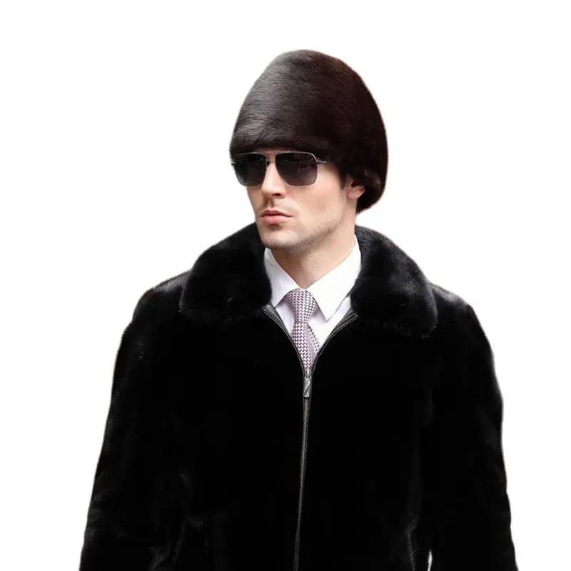 

Winter Men Fur Cap Genuine Natural Mink Fur Hat Headgear Russian Outdoor Man mink Fur Beanies Cap Men Warm Fashion Bomber Hat