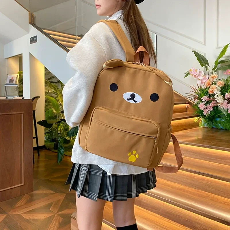 Rilakkuma Kawaii Cartoon Backpack Waterproof Nylon Large Capacity Embroidery School Bag For Young Adult Daily Travel Campus Work gallery 3
