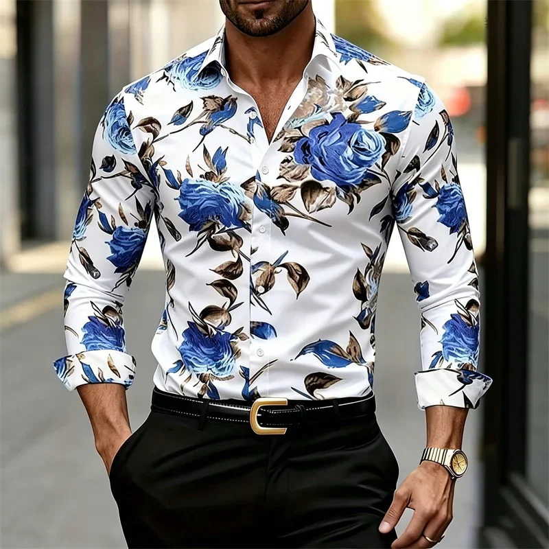 Men's Long-sleeve Collared Shirt with Floral Print, Casual Style Men's Top