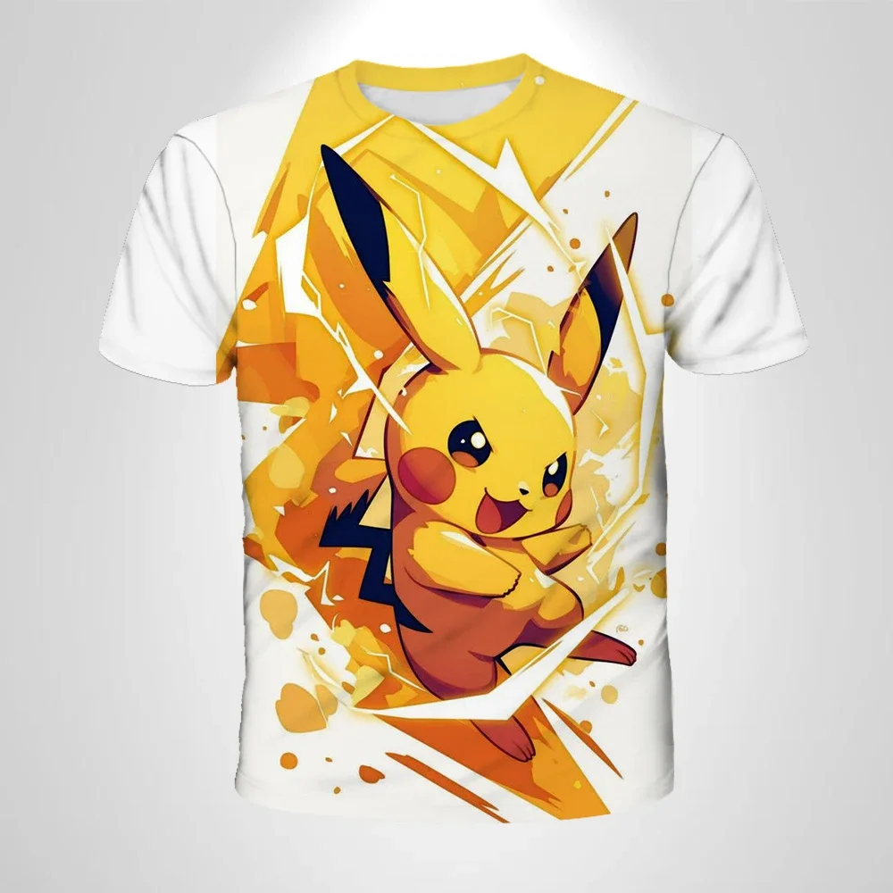 

2025 New Anime Pikachu Children 3D Fashion Casual T-shirt Pokemon Boys Girls Kids Cosplay Yellow Clothing T-shirt Short Sleeve