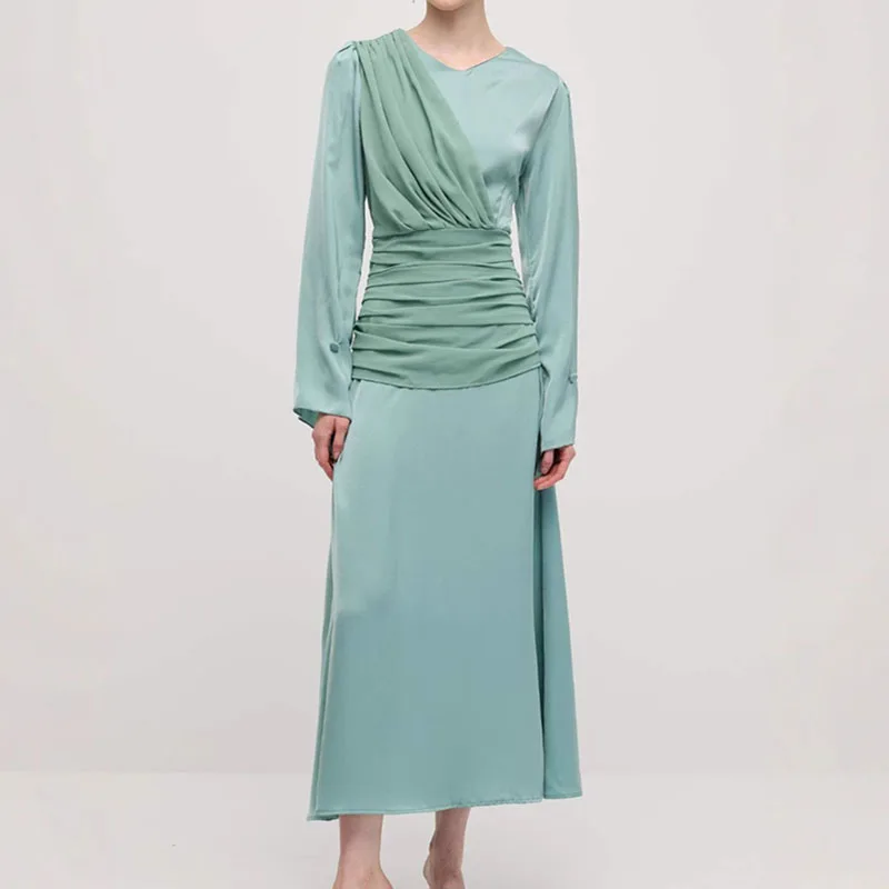Vestido largo de satén ajustado drapeado con varias telas para mujer, vestido largo informal de manga larga con cintura y cuello redondo, vestido de fiesta de Color sólido