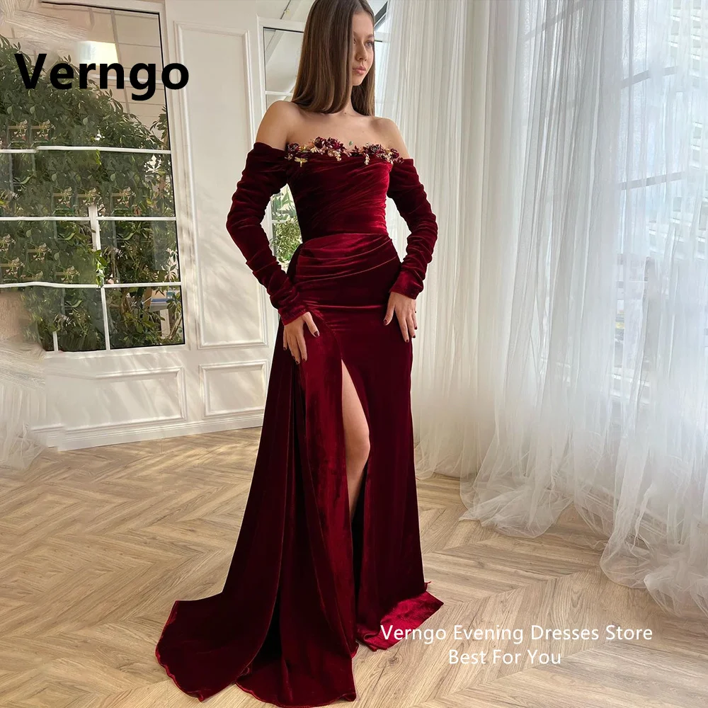 

Verngo Red Applique Velvet Boat Neck Long Sleeves Party Dress Side Slit Sexy Evening Dress Formal Dress Pleat Mermaid Prom Gown