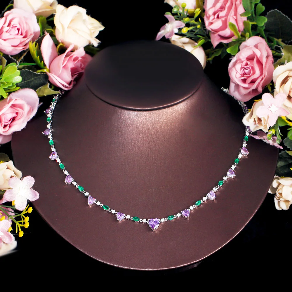 CWWZircons Heart Shape Purple Green Cubic Zirconia Choker Chain Link Tennis Necklace for Women Summer Party Jewelry Gift CP111