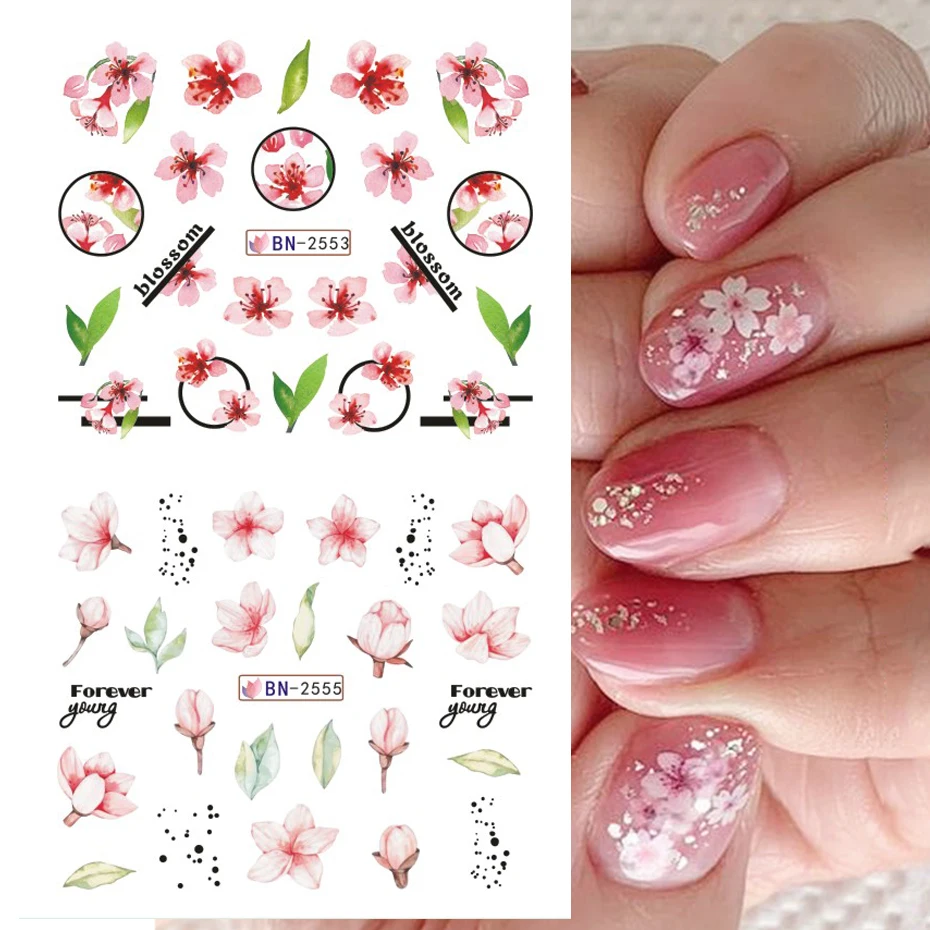 Autocollants à l'eau pour ongles, 12 modèles de fleurs de cerisier roses, décalcomanies coulissantes pour ongles, feuilles florales, décoration de manucure de printemps à faire soi-même