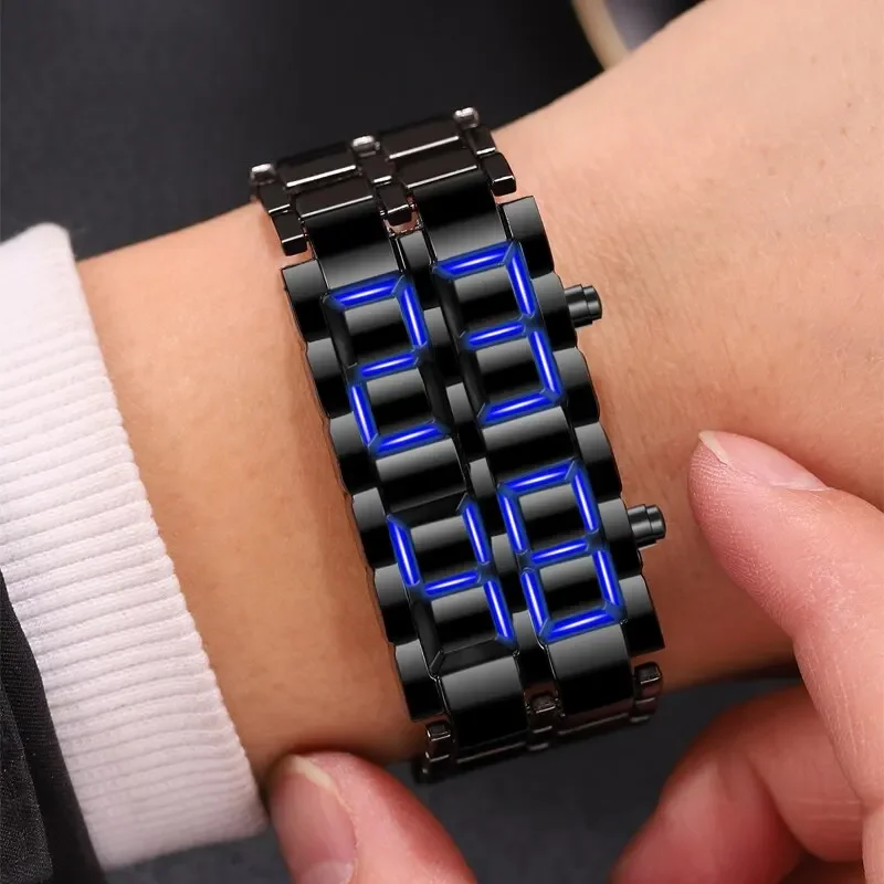 Relógio de pulso digital Lava masculino, metal completo preto, display LED azul, relógios masculinos, presentes para homem, image 5
